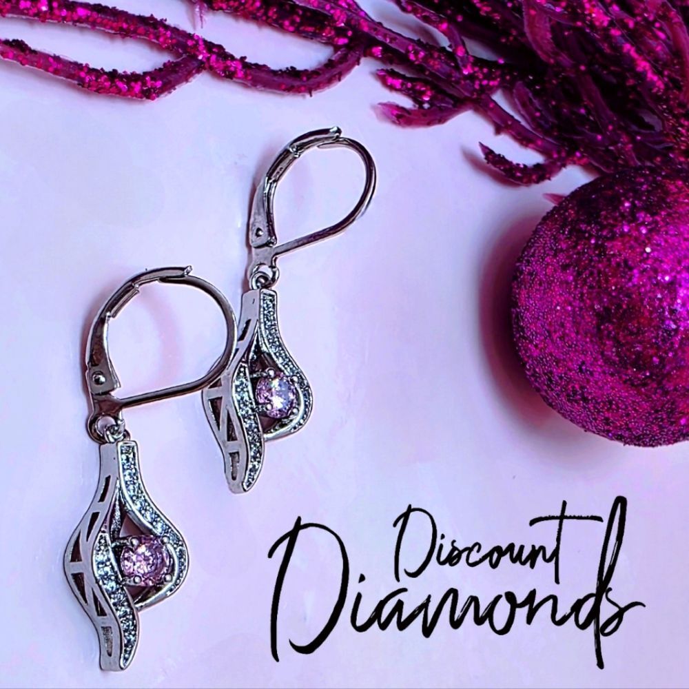 Dainty Pink Sapphire & White Baguette Diamond Dangle Earrings 925 Silver